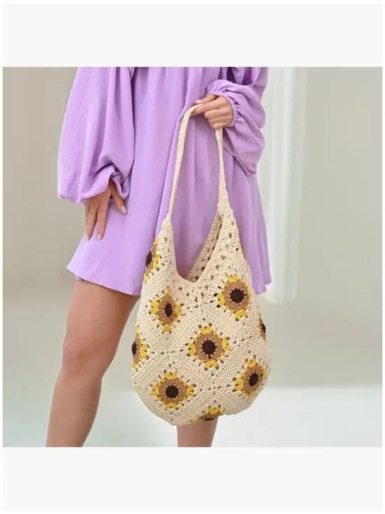 Crochet Beach Tote Bag for Women, Cotton Hobo Purse - Picture 5 of 7